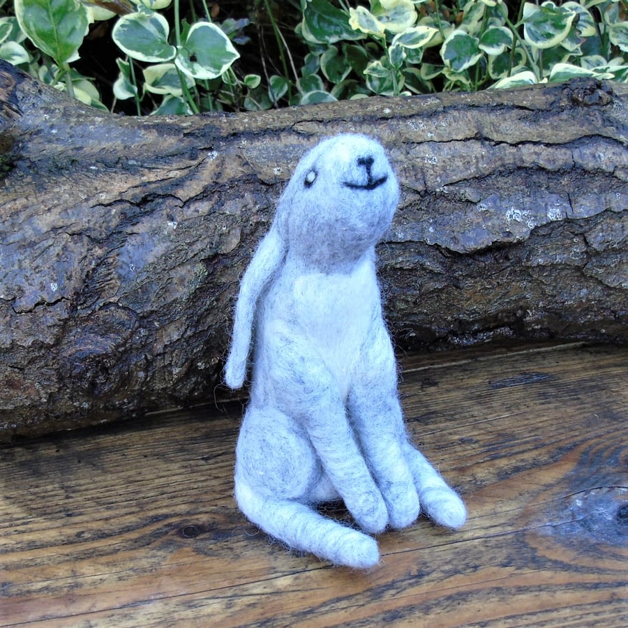 needle felt moon gazing hare, needle felted hare, grey hare