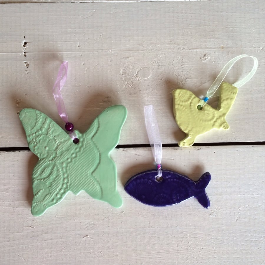 Seconds Sunday SALE Set of 3 Handmade Ceramic Hangers Hanging Decorations