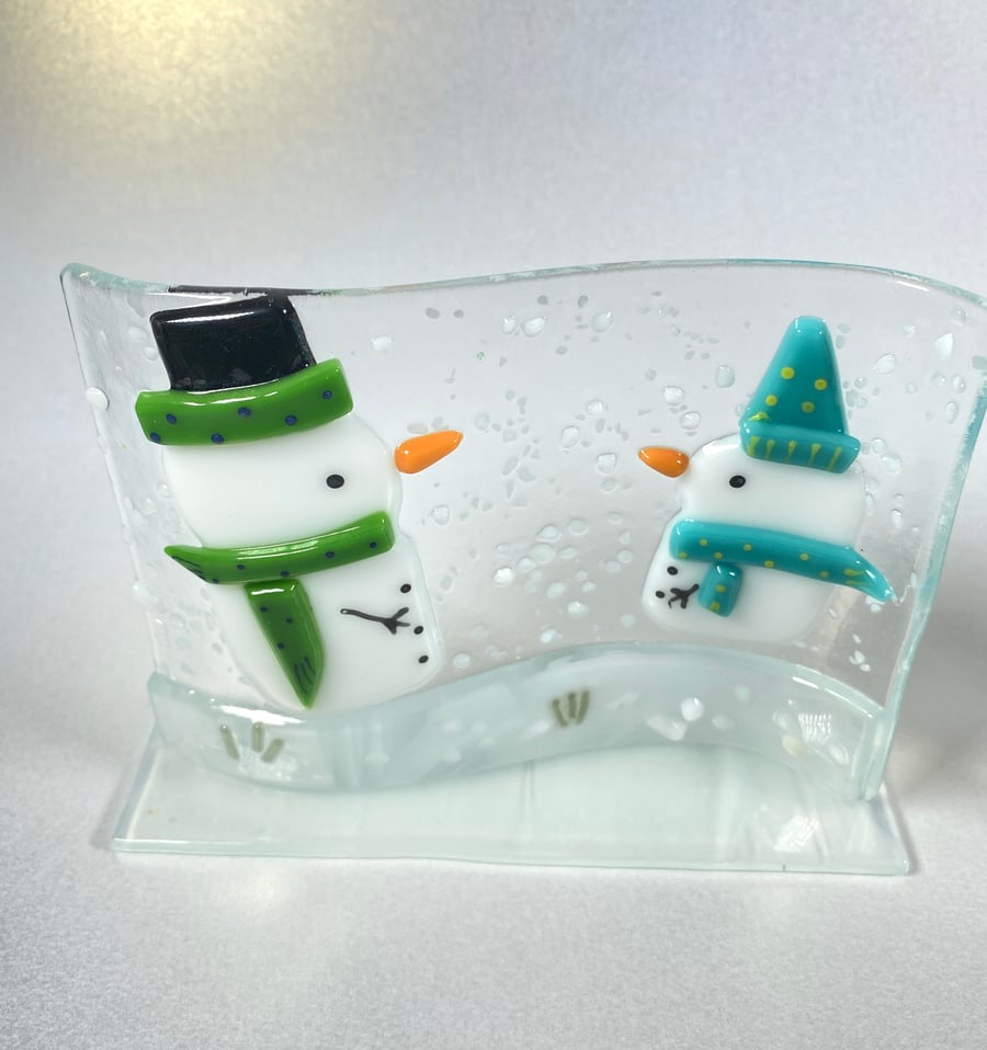 Christmas snowmen  ornament in fused glass 