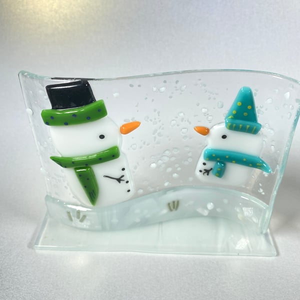 Christmas snowmen  ornament in fused glass 
