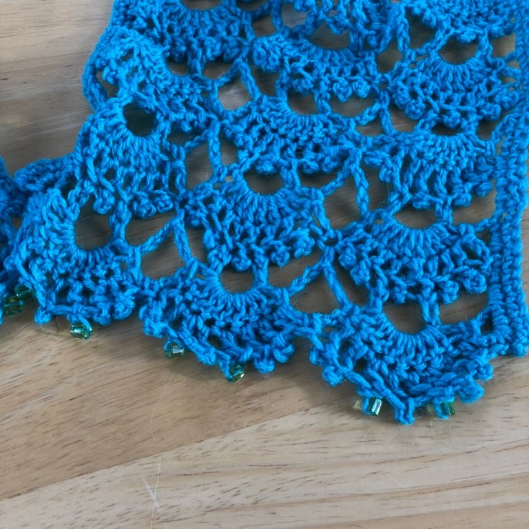 Blue Lace Beaded Scarf Crochet, crochet scarf, blue lace scarf, beaded scarf