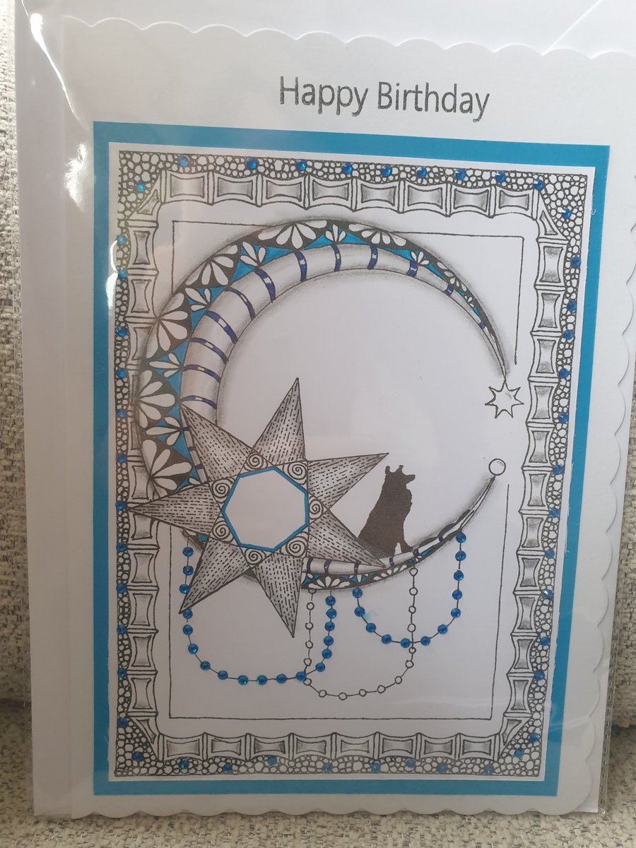 Hand drawn moon and dog card