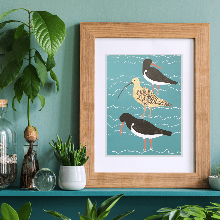 Oystercatchers and Curlew art print - A5 size
