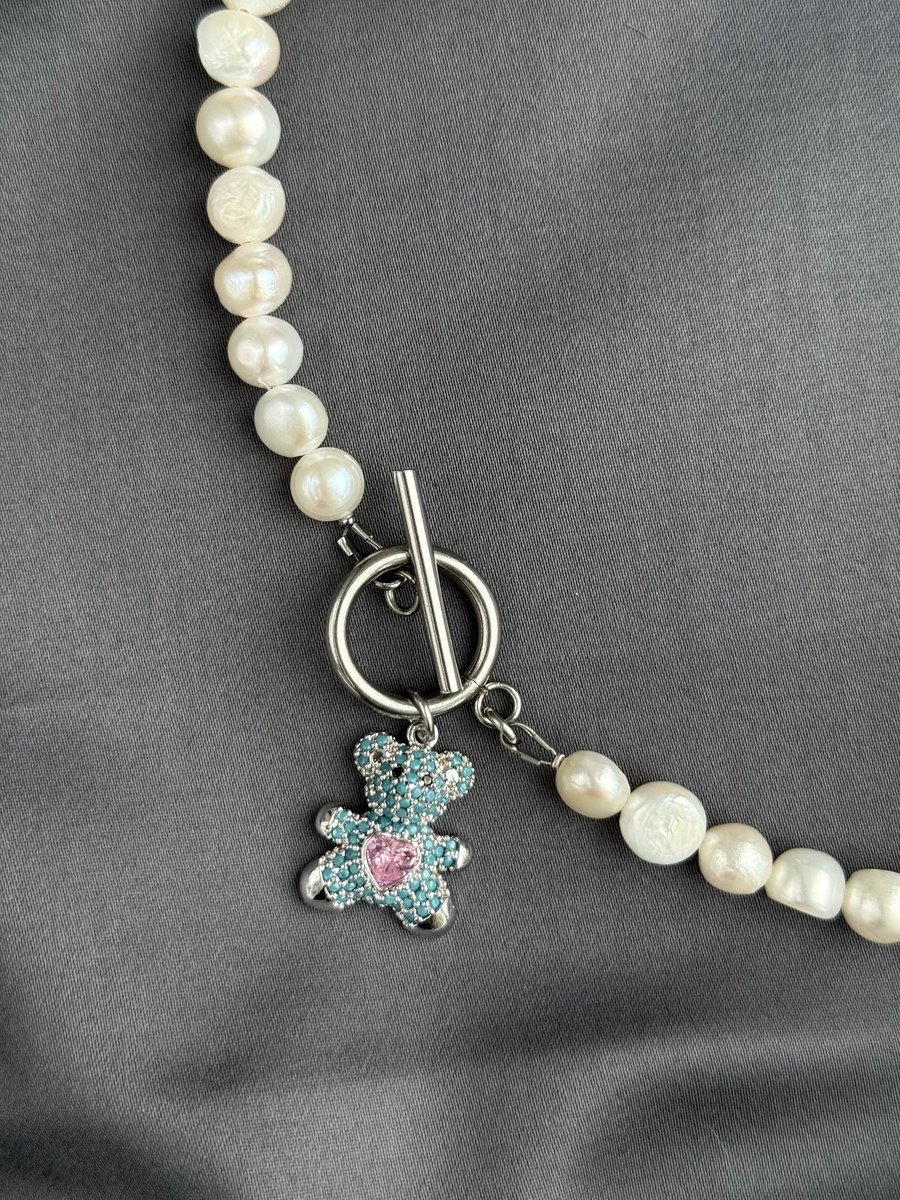 Freshwater Pearl Necklace with Swarovski Teddy Bear Pendant