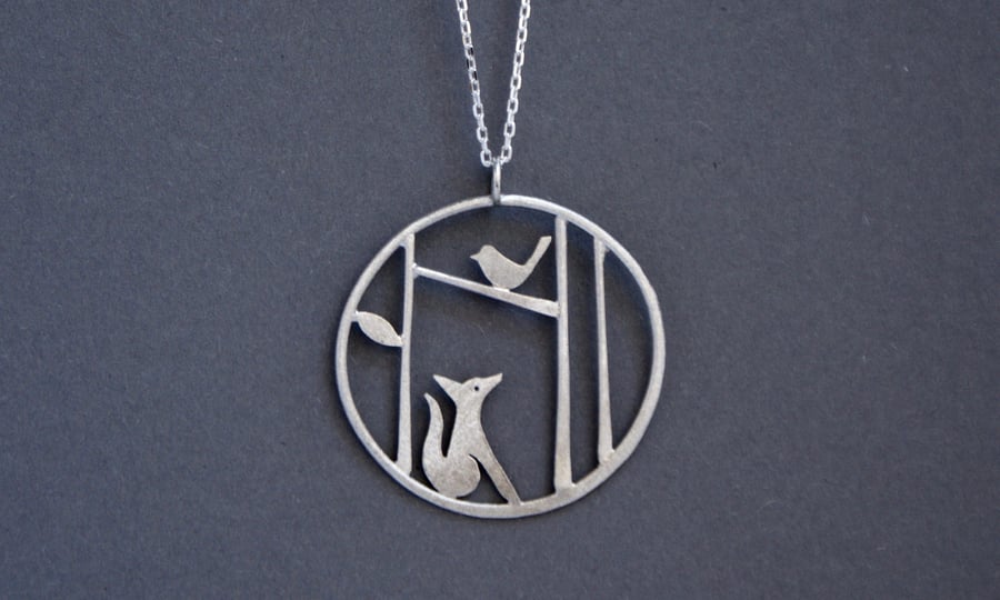 Edge of the woods fox and bird necklace