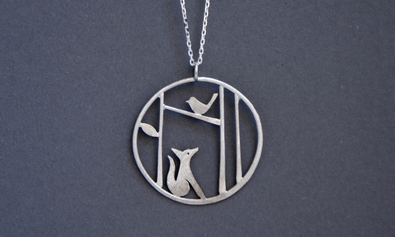 Edge of the woods fox and bird necklace