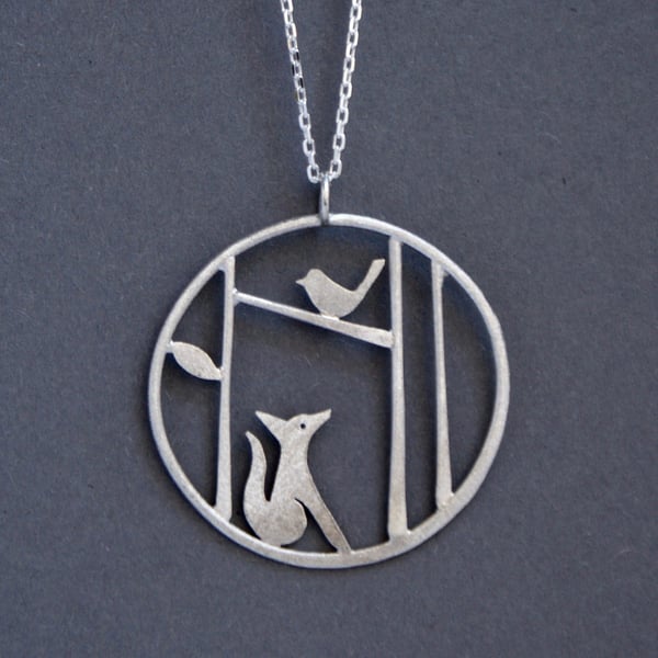 Edge of the woods fox and bird necklace