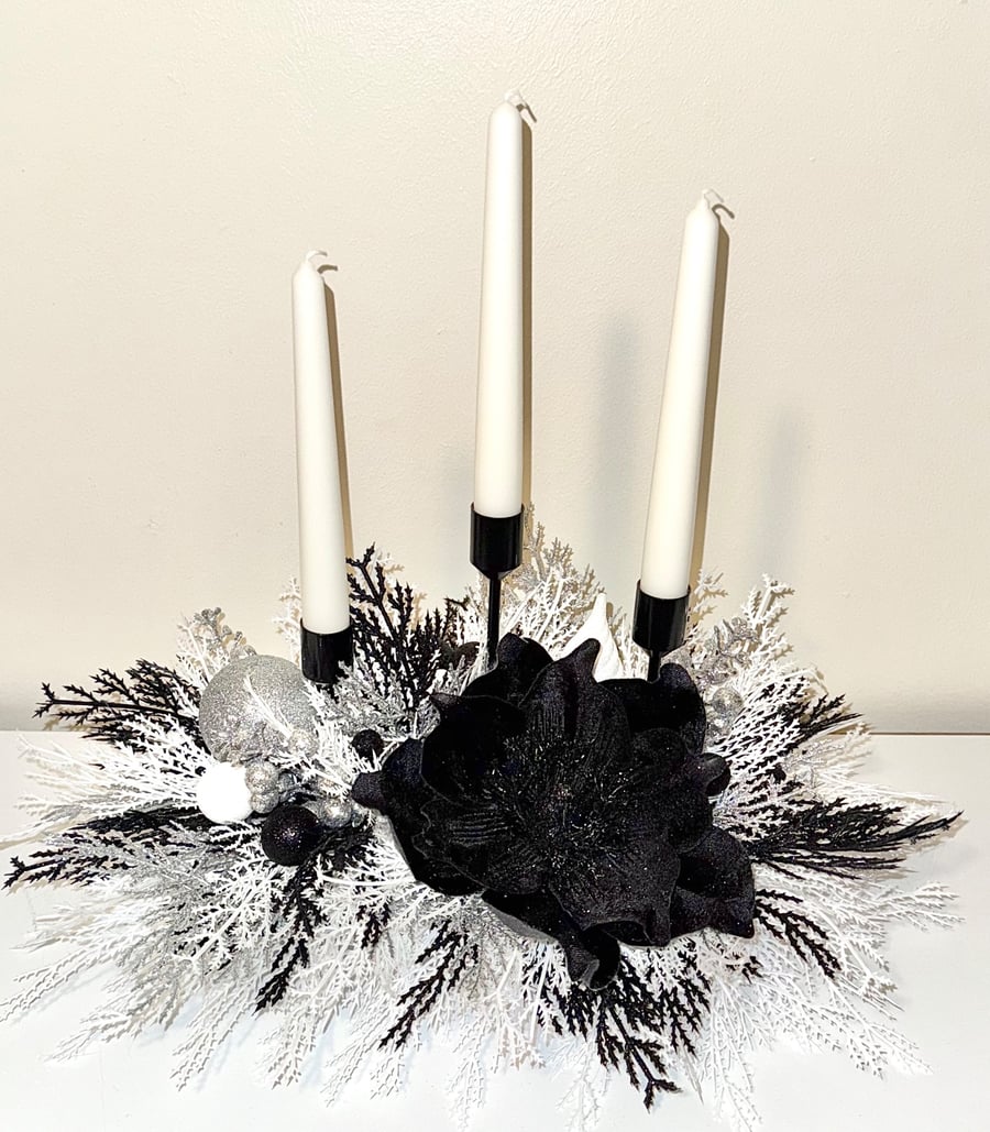 Elegant Black Floral Centerpiece with Candles, Modern Glam Table Arrangement