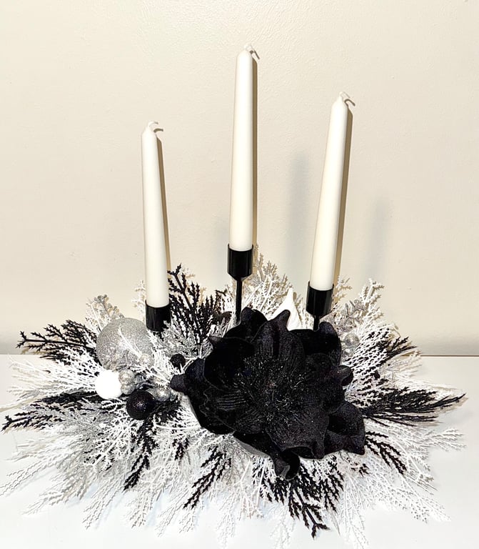 Elegant Black Floral Centerpiece with Candles, Modern Glam Table Arrangement
