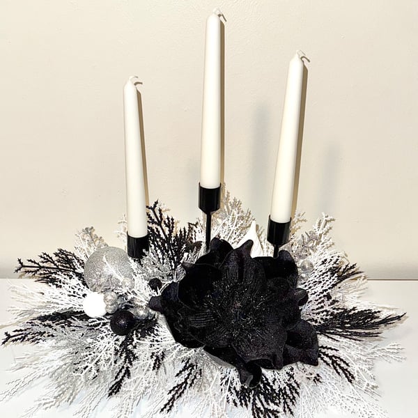 Elegant Black Floral Centerpiece with Candles, Modern Glam Table Arrangement
