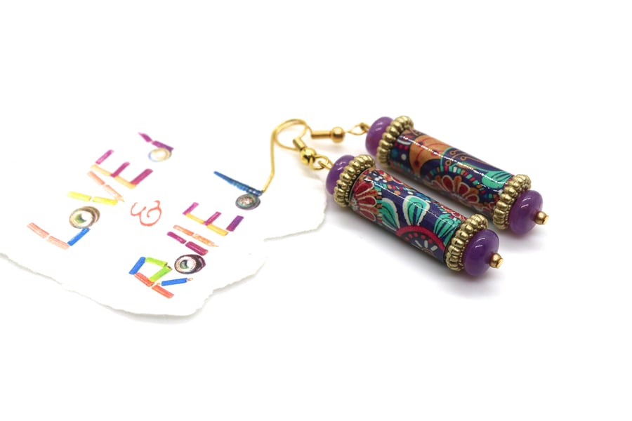 Pink, Purple and Gold tubular paper beaded earrings