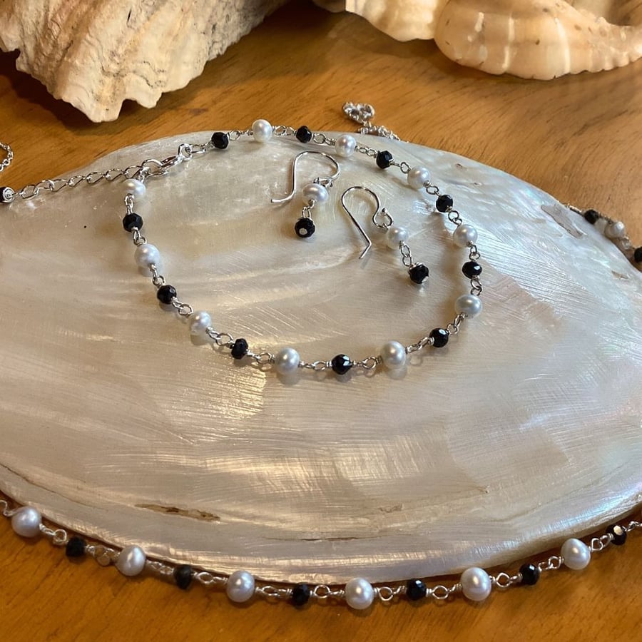 Black Spinel and white Pearl Necklace Set  - Sterling Silver Jewellery Set 