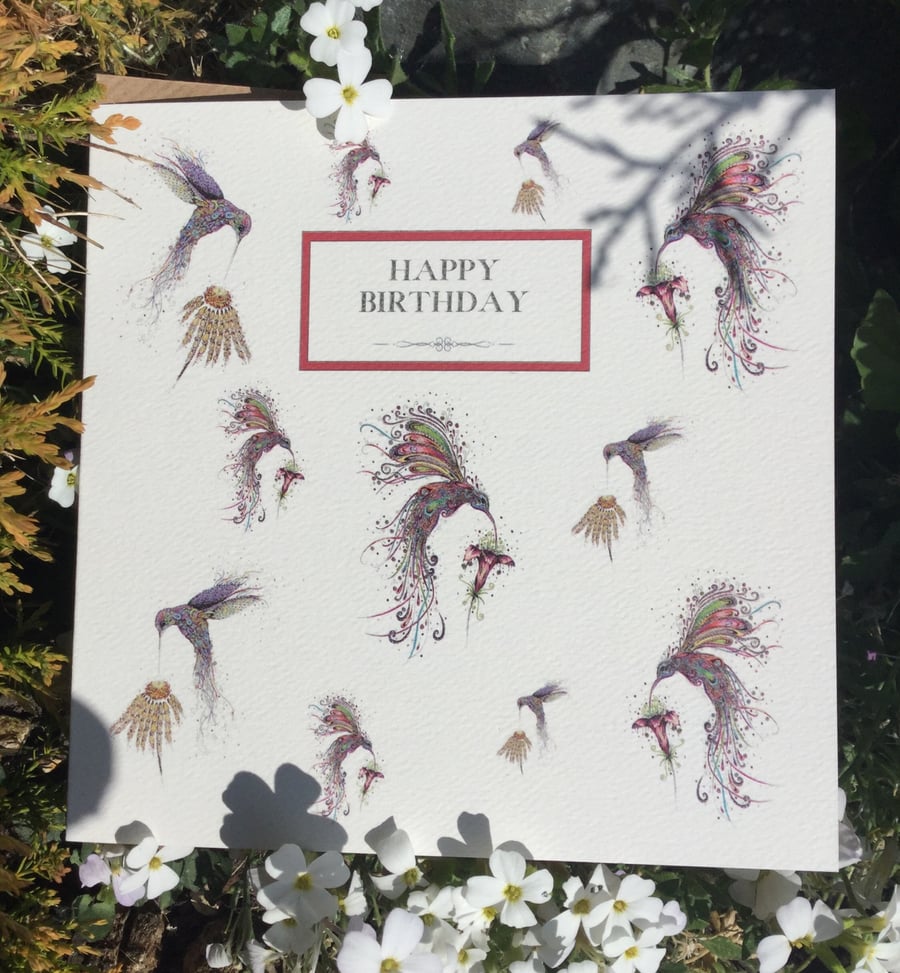 Happy Birthday Hummingbirds (Swirly and Iridescent)