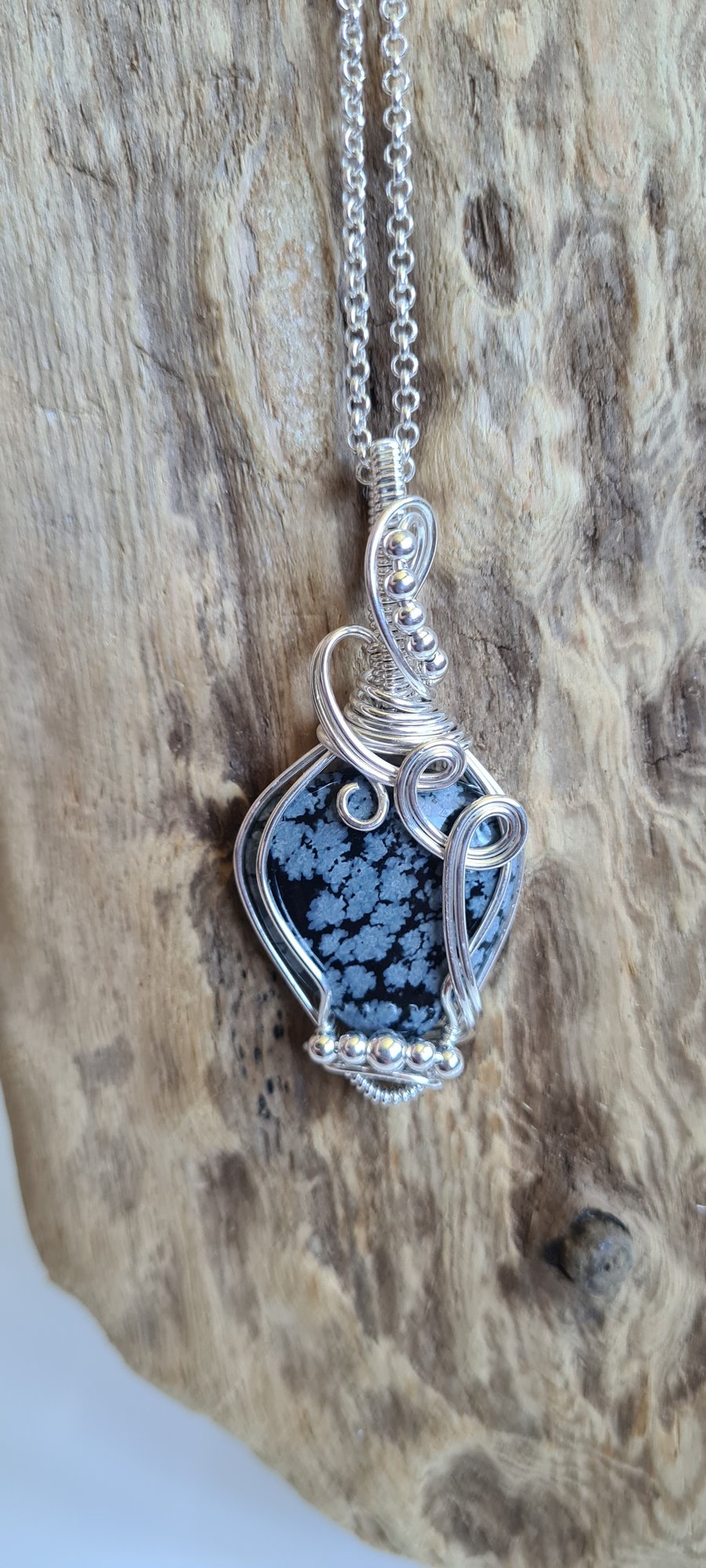 Natural Snowflake Obsidian & 925 Silver Necklace Pendant Gift Crystal Jewellery