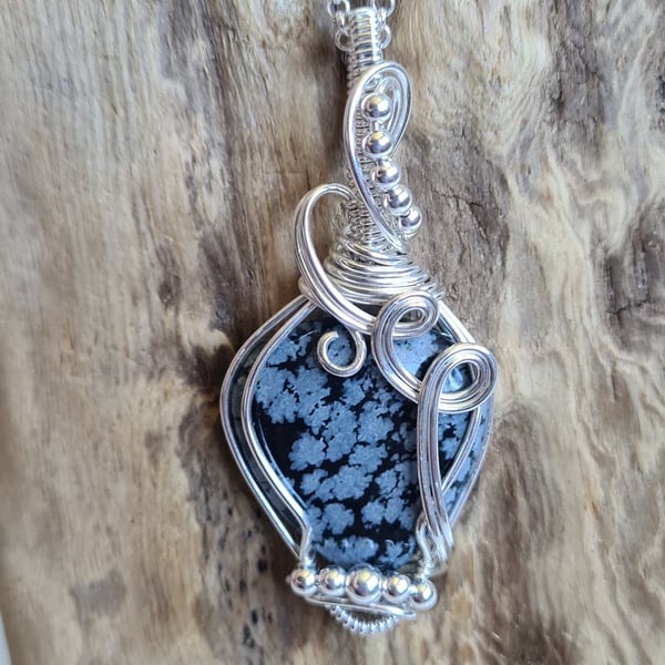 Natural Snowflake Obsidian & 925 Silver Necklace Pendant Gift Crystal Jewellery