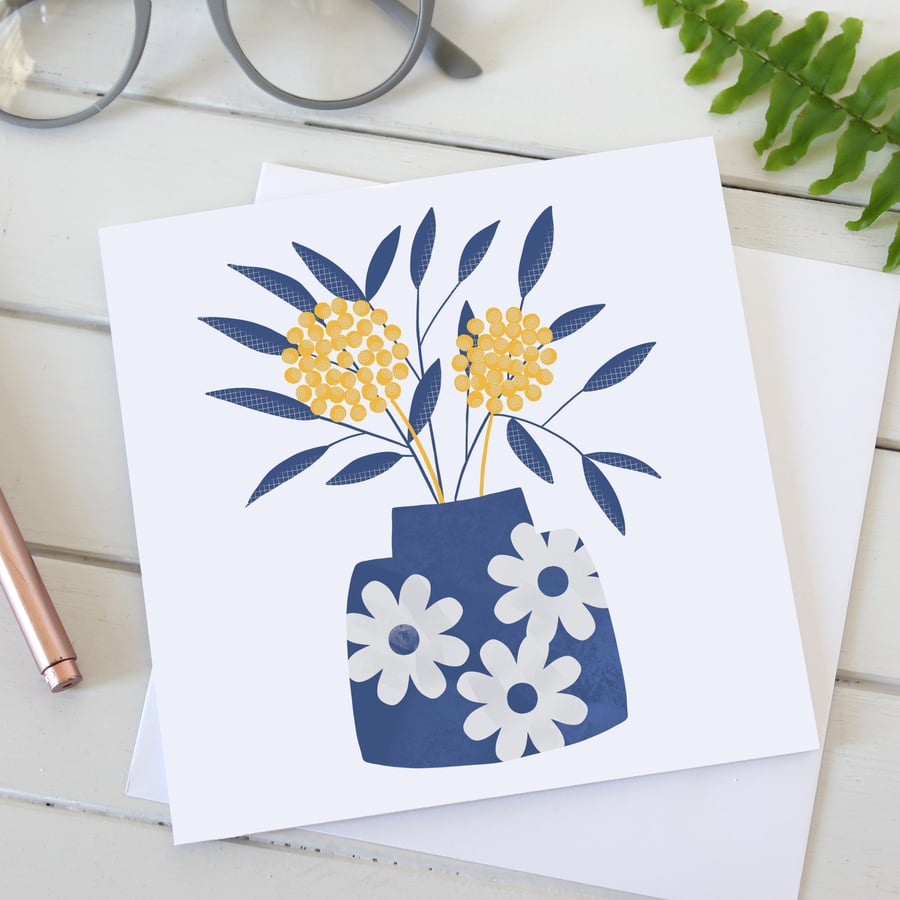 Blue Flower Vase Greetings Card