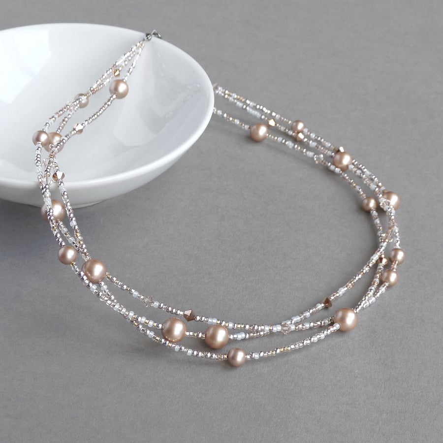 Rose Gold Multi-strand Twisted Necklace - Mother of the Bride Pearl Jewellery