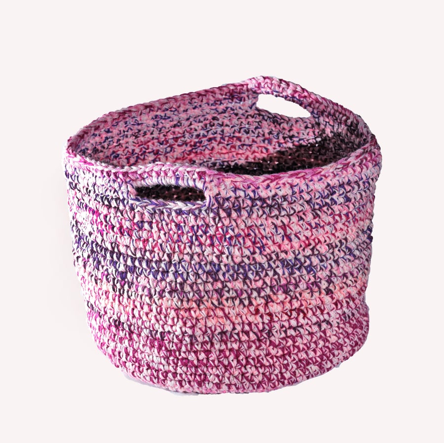 Large crochet basket made with upcycled yarn - pink and purple mix