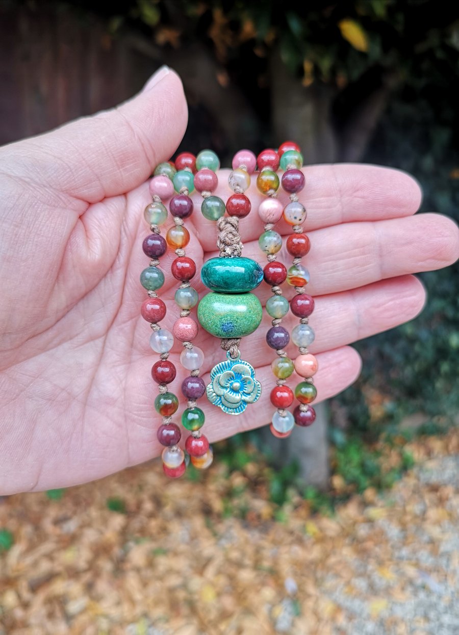 Agate and jasper mala necklace with ceramic pendant, 108 beads