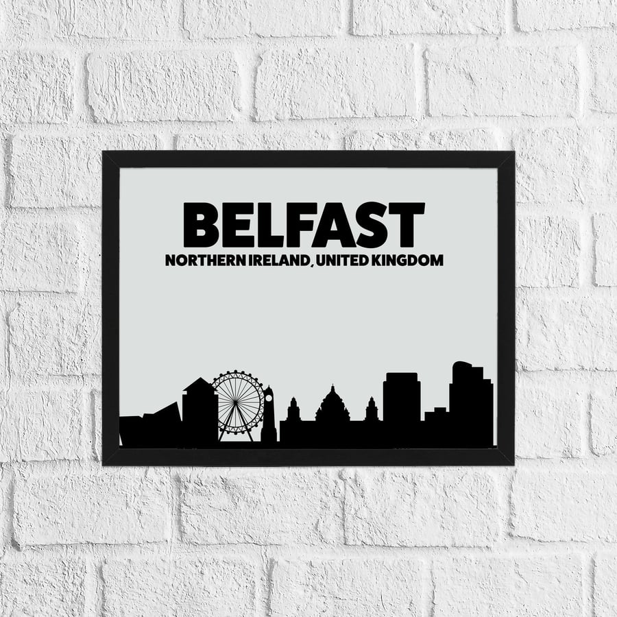 Skyline silhouette of Belfast, Northern Ireland, UK, grey and black print