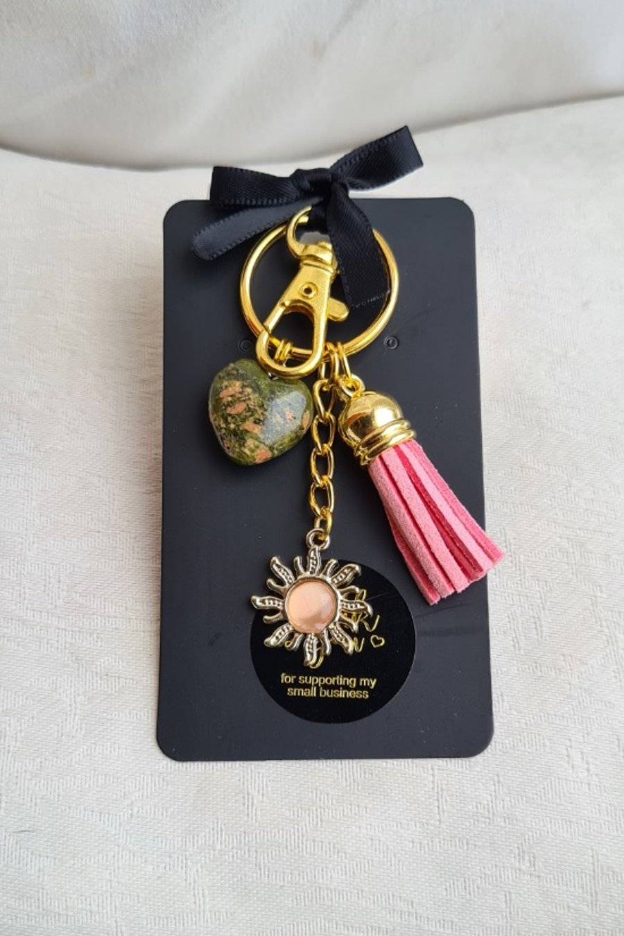 Brighter Days Keyring 2 - Pink Sun, Pink Tassel, Unakite Gemstone Heart