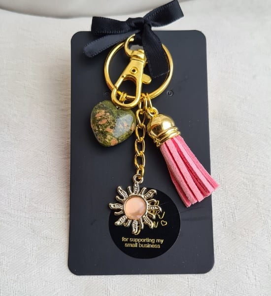 Brighter Days Keyring 2 - Pink Sun, Pink Tassel, Unakite Gemstone Heart