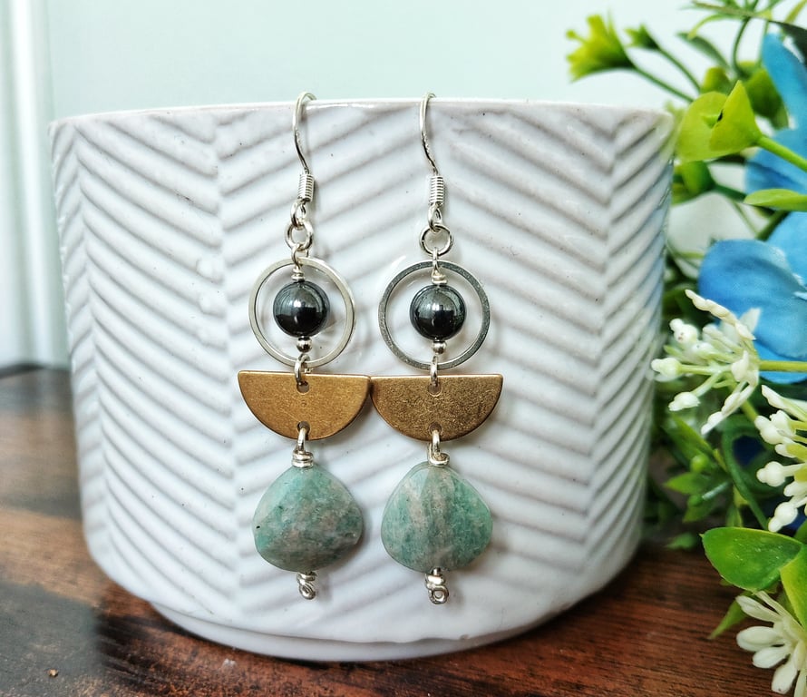 Minimalist Sterling Silver and Amazonite Crescent Earrings