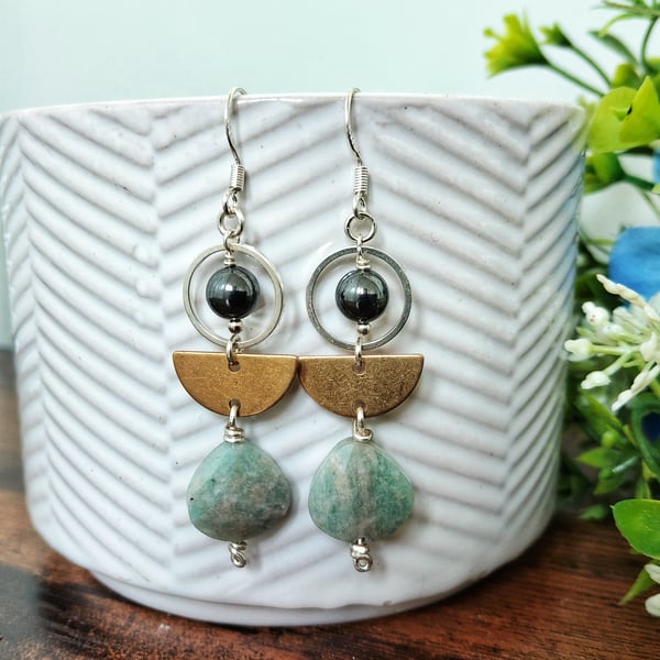 Minimalist Sterling Silver and Amazonite Crescent Earrings