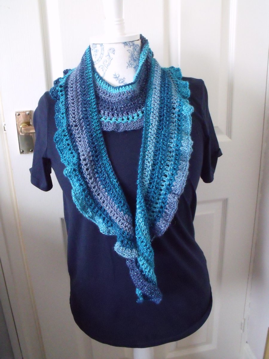 blue sparkly crocheted frilly scarf, crochet clothing accessory