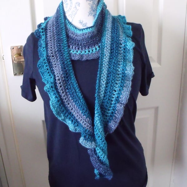 blue sparkly crocheted frilly scarf, crochet clothing accessory