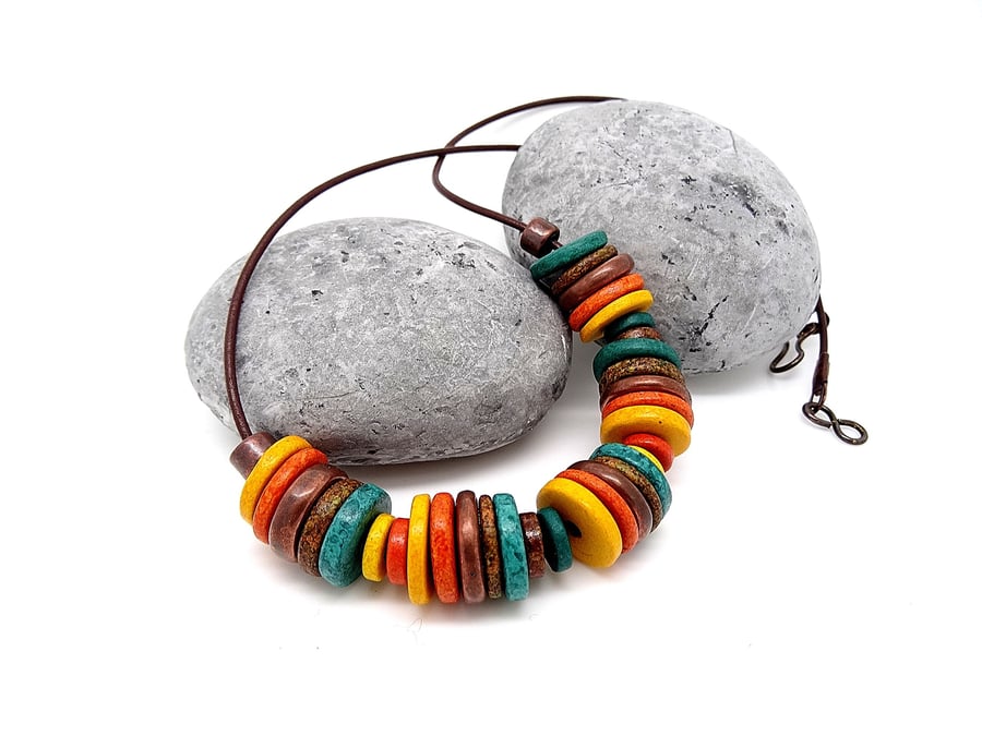 Ceramic Necklace,Ceramic Disc necklace,multi coloured necklace