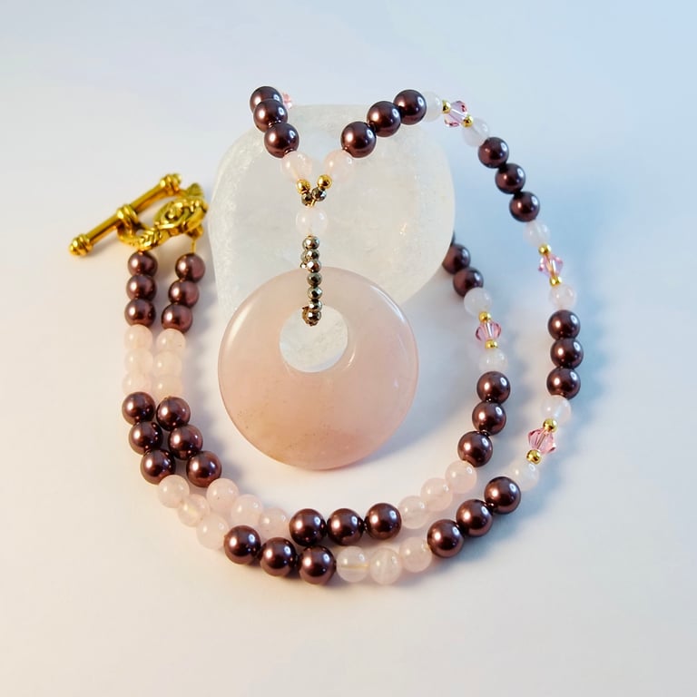 Rose Quartz Donut Necklace, Pearl & Crystal - Anniversary Birthday Handmade Gift
