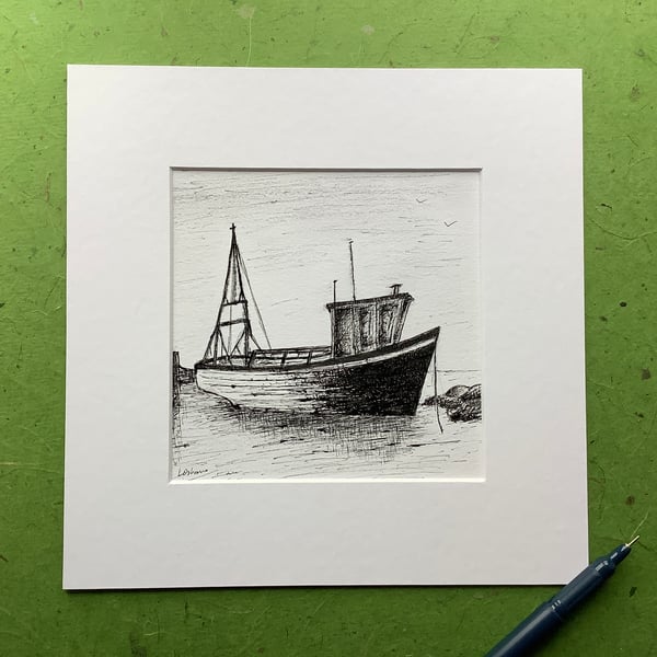 Fishing boat - pen and ink drawing of a fishing boat