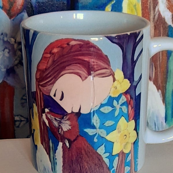 Ceramic Mug Original artwork by Freya Morris - Fox and Daffodils Day and Night