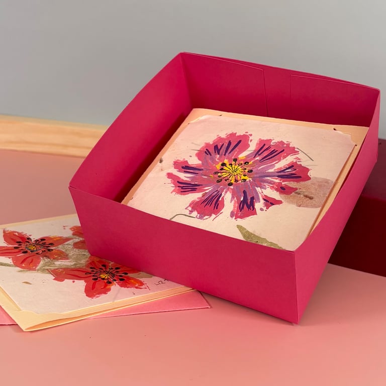 6 Boxed Hand Printed & Painted Notecards - Flowers