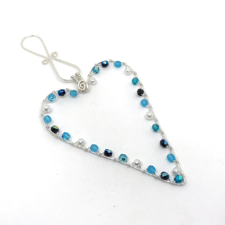 Silver Heart Decoration, Crystals and Pearls. Blue, Hanging Heart Decoration