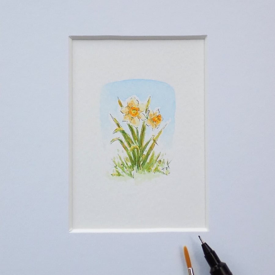 Miniature Watercolour Flower Painting Daffodils (3.5cm x 4.5cm)