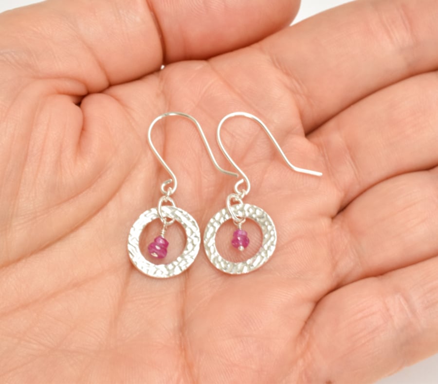 Pink Sapphire and Fine Silver Circle Earrings