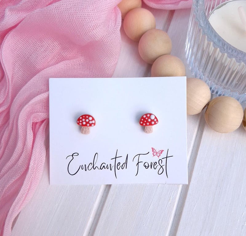 Reduced to Clear, Red Mushroom Stud Earrings, Cottagecore Jewellery