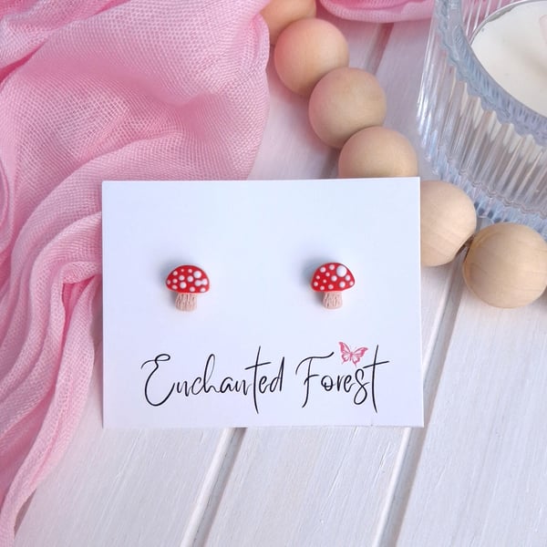 Reduced to Clear, Red Mushroom Stud Earrings, Cottagecore Jewellery
