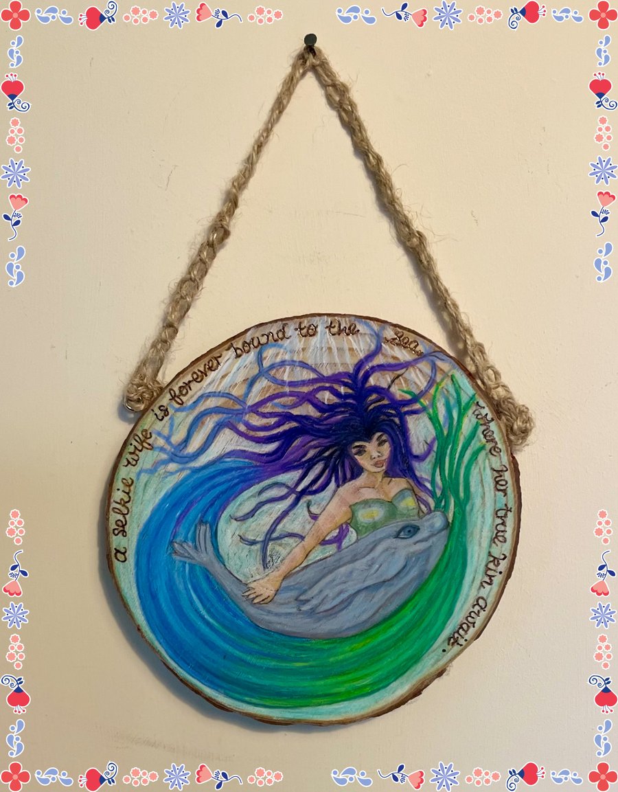 A Selkie's Song - Soft-Wax Pencil on Log-Slice Hanger - Celtic Folklore, Legend