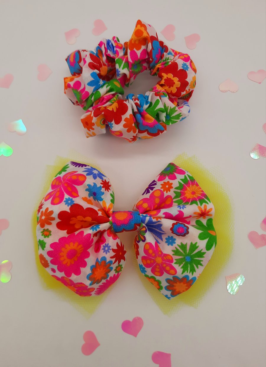 Set of 2 neon flower hair accessories,  clip on bow,scrunchie, yellow tulle.