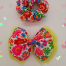 Set of 2 neon flower hair accessories,  clip on bow,scrunchie, yellow tulle.