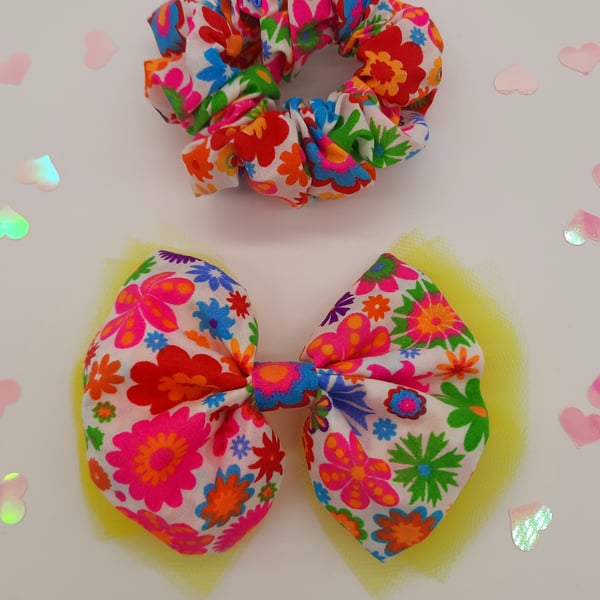 Set of 2 neon flower hair accessories,  clip on bow,scrunchie, yellow tulle.