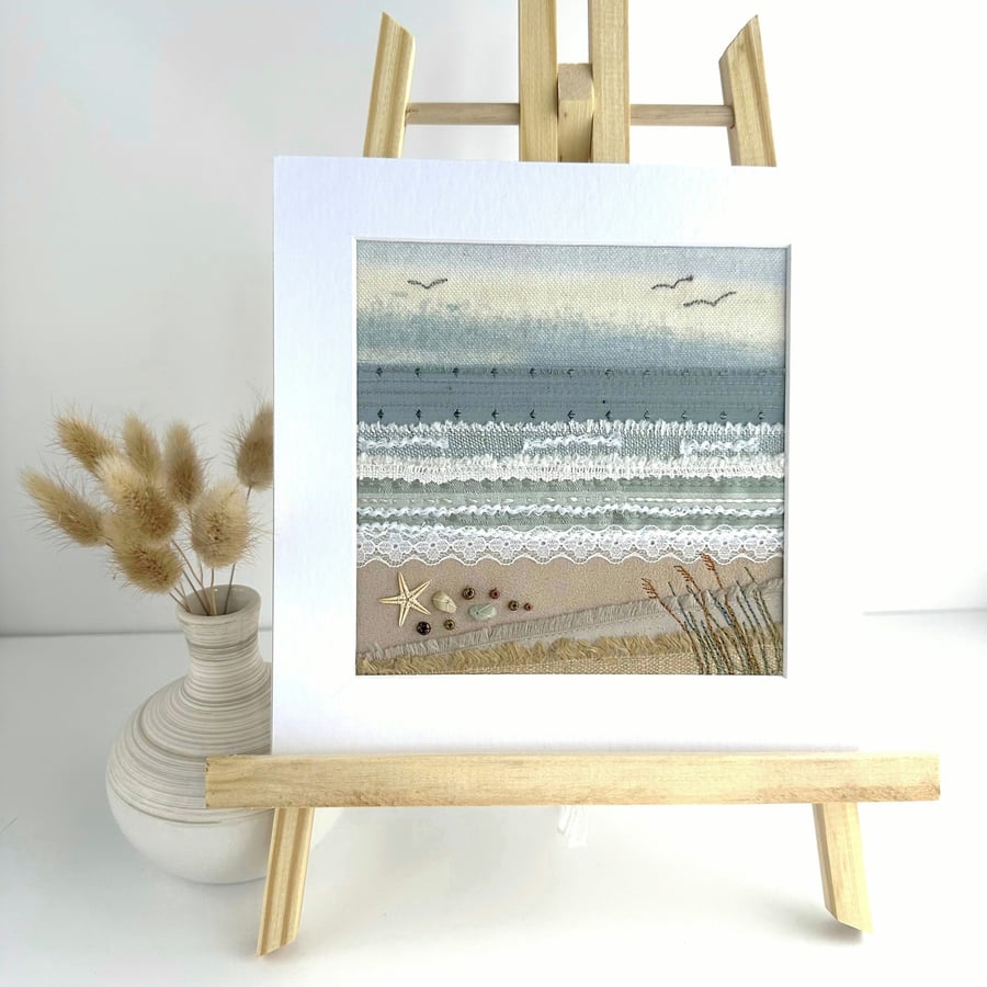 Textile Art, Mounted Wall Art, Embroidered Art - Deserted Beach