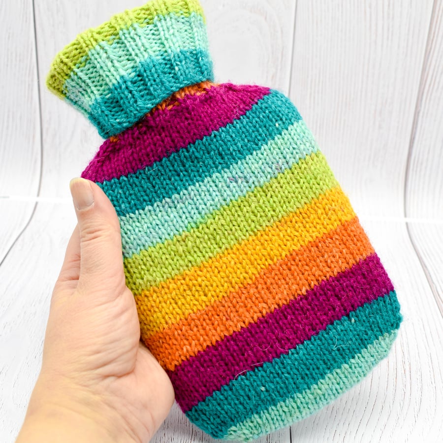SOLD - Hand knitted Hot Water Bottle Cover - Multicolour