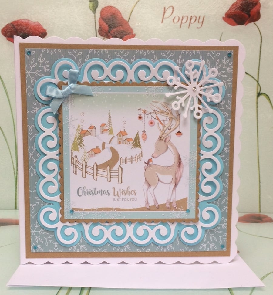 Christmas Card Reindeer Robin Village 3D Luxury Handmade Card