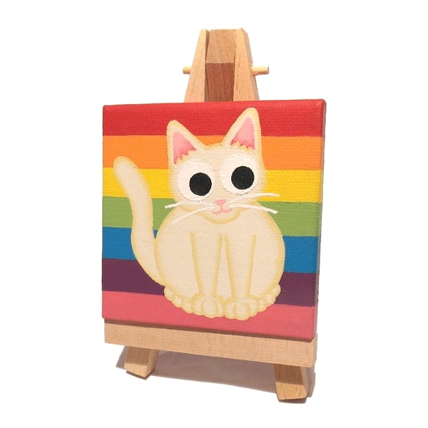 White Cat on Rainbow Background Original Acrylic Art on Miniature Canvas