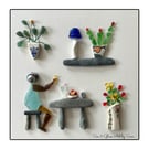 FREE POSTAGE Sea Glass Art - Coastal Cafe Scene with Vintage Sea Pottery