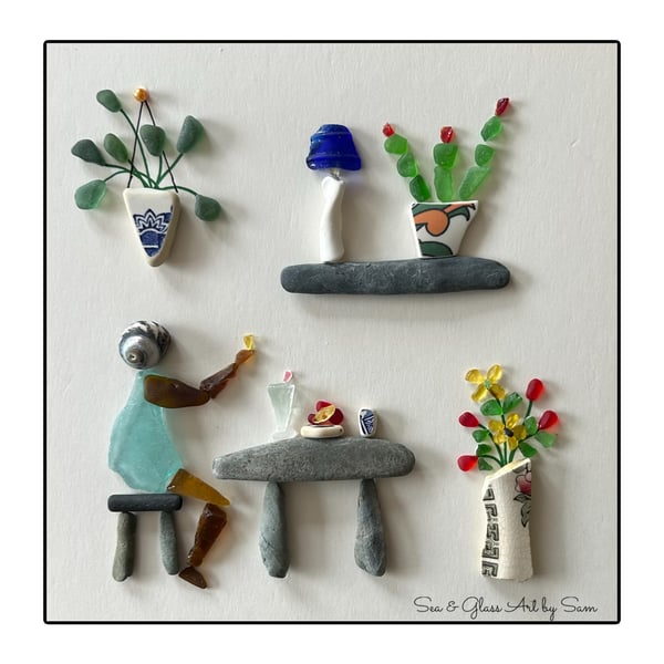 FREE POSTAGE Sea Glass Art - Coastal Cafe Scene with Vintage Sea Pottery